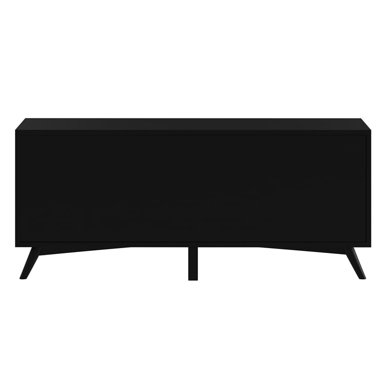 Pemberly Row Large Wood 3 Drawer TV Console with Rolling Doors in Black