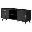 Pemberly Row Large Wood 3 Drawer TV Console with Rolling Doors in Black