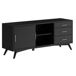 Pemberly Row Large Wood 3 Drawer TV Console with Rolling Doors in Black