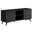 Pemberly Row Large Wood 3 Drawer TV Console with Rolling Doors in Black