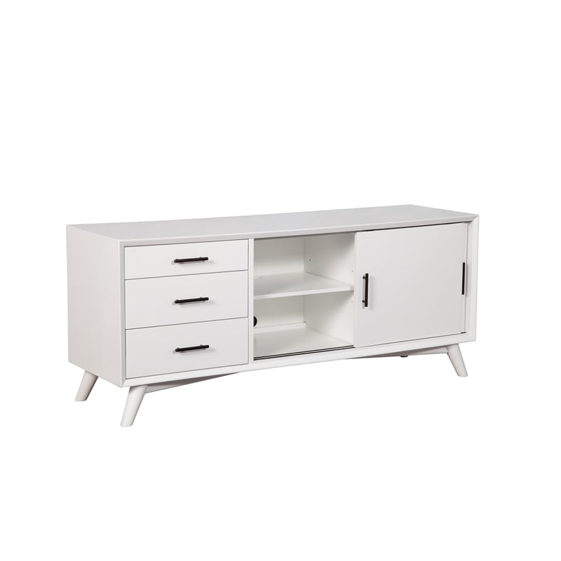 Pemberly Row Large Wood 3 Drawer TV Console with Rolling Doors in White