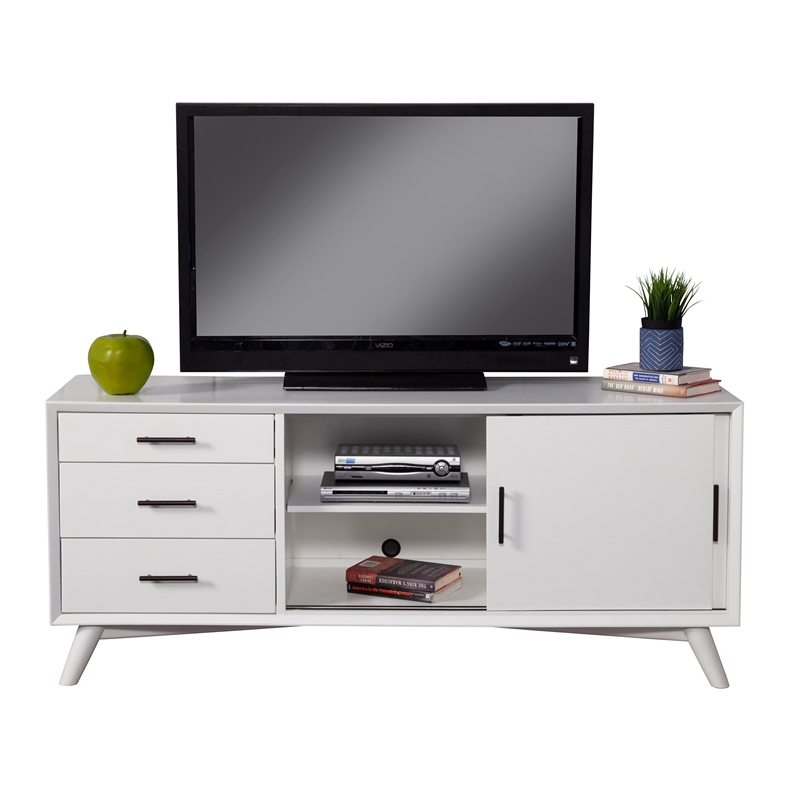 Pemberly Row Large Wood 3 Drawer TV Console with Rolling Doors in White