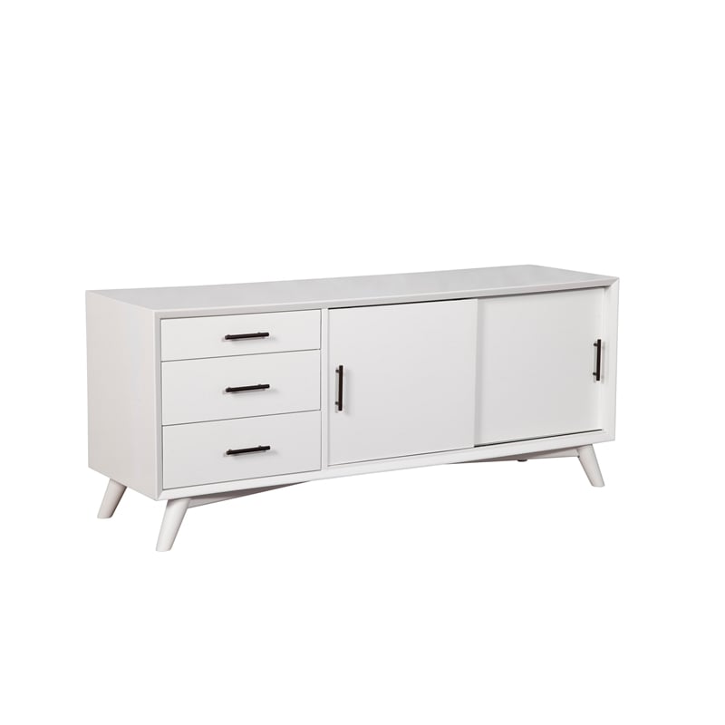 Pemberly Row Large Wood 3 Drawer TV Console with Rolling Doors in White
