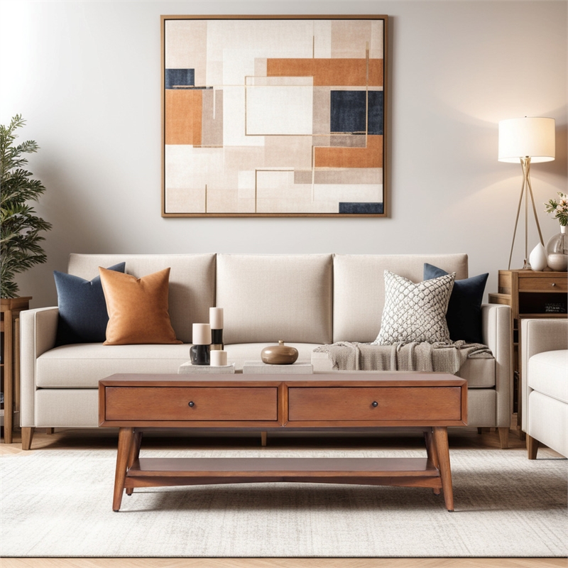 Pemberly Row Rectangular Wood Coffee Table with Drawers in Chestnut Brown