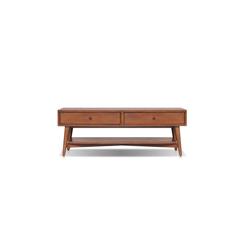 Pemberly Row Rectangular Wood Coffee Table with Drawers in Chestnut Brown