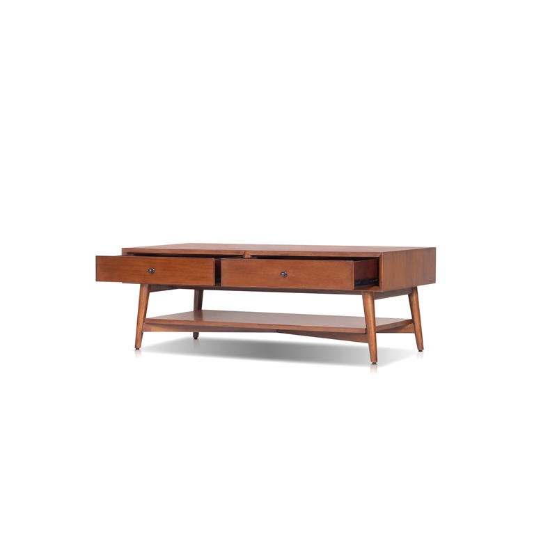 Pemberly Row Rectangular Wood Coffee Table with Drawers in Chestnut Brown