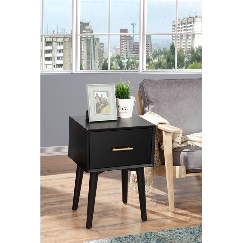 Pemberly Row Wood 1 Drawer End Table with Tapered Legs in Black