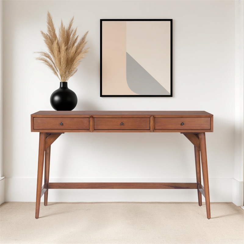 Pemberly Row Wood Large 3 Drawer Writing Desk in Chestnut Brown