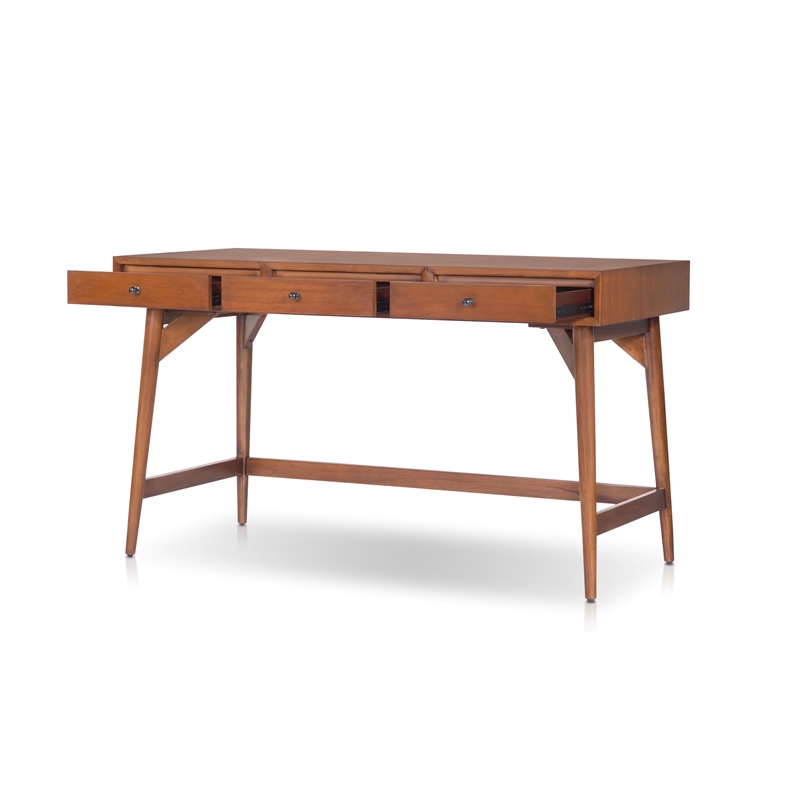 Pemberly Row Wood Large 3 Drawer Writing Desk in Chestnut Brown