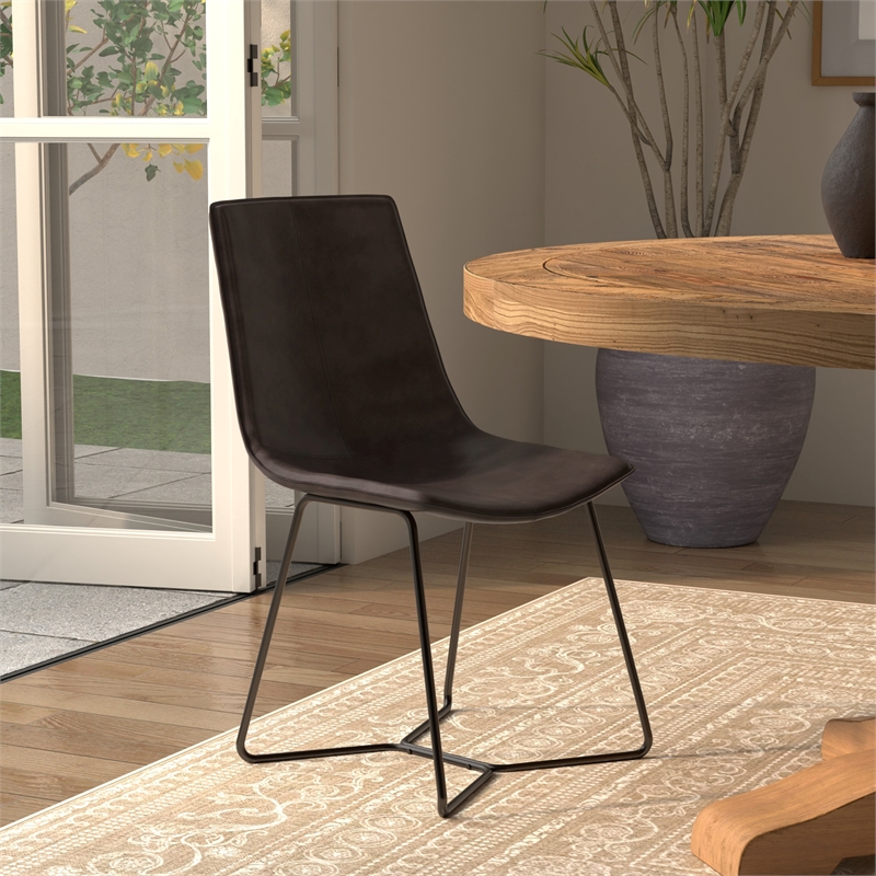 Pemberly Row Set of 2 Faux Leather Side Dining Chairs in Dark Brown