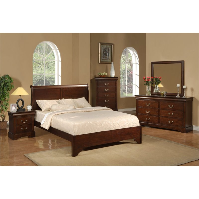 Pemberly Row Queen Size Wood Sleigh Bed in Cappuccino (Brown)
