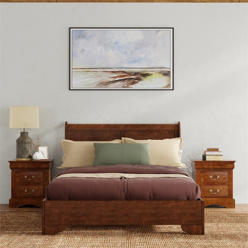 Pemberly Row Queen Size Wood Sleigh Bed in Cappuccino (Brown)