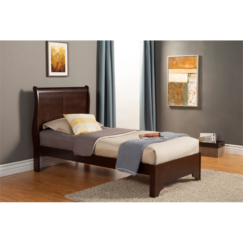 Pemberly Row Twin Size Wood Sleigh Bed in Cappuccino (Brown)