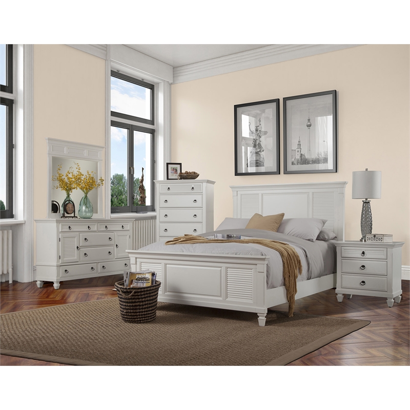 Pemberly Row Queen Size Wood Shutter Panel Bed in Classic White