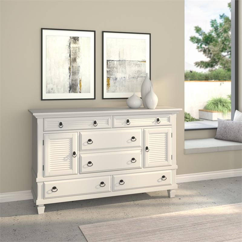 Pemberly Row 6 Drawer Wood Dresser with 2 Cabinets in Classic White