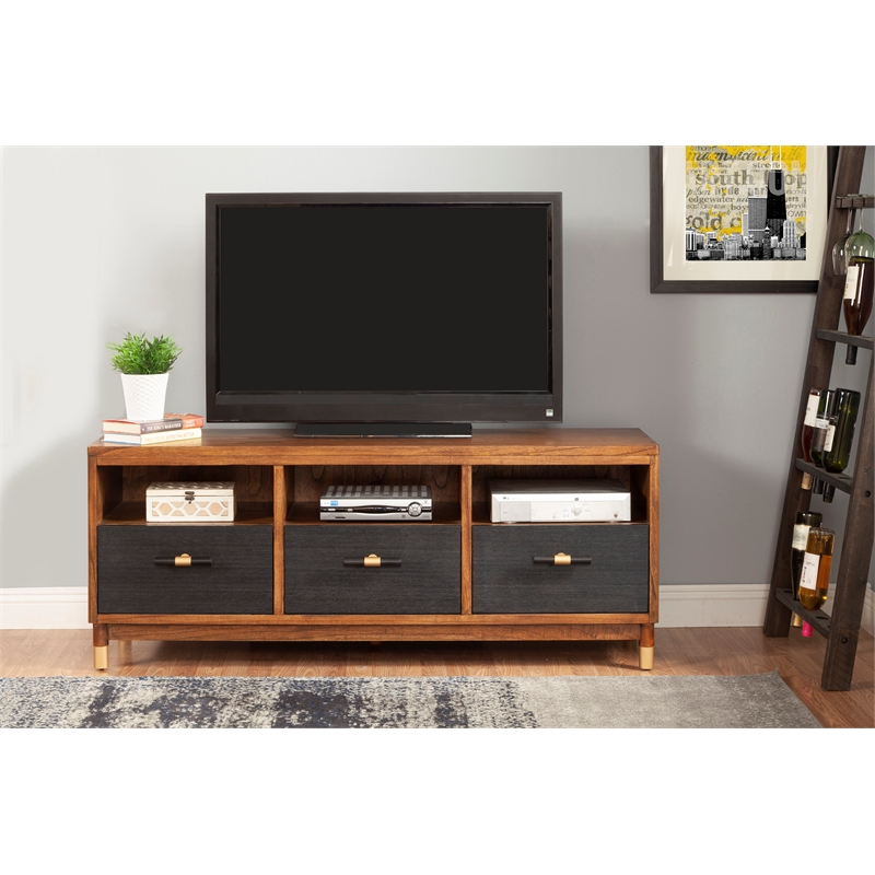Pemberly Row 3 Drawer Wood TV Console in Dark Walnut (Brown) and Black