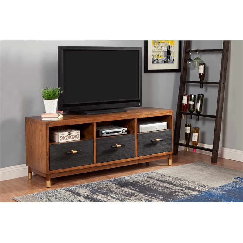 Pemberly Row 3 Drawer Wood TV Console in Dark Walnut (Brown) and Black