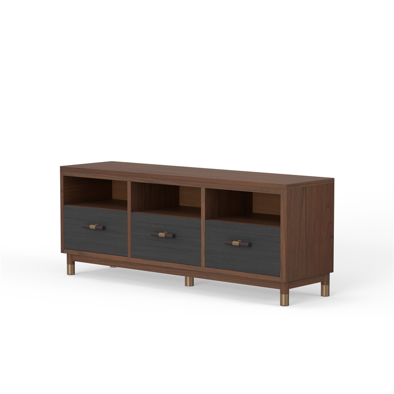 Pemberly Row 3 Drawer Wood TV Console in Dark Walnut (Brown) and Black