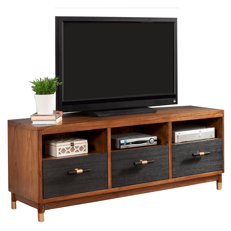 Pemberly Row 3 Drawer Wood TV Console in Dark Walnut (Brown) and Black