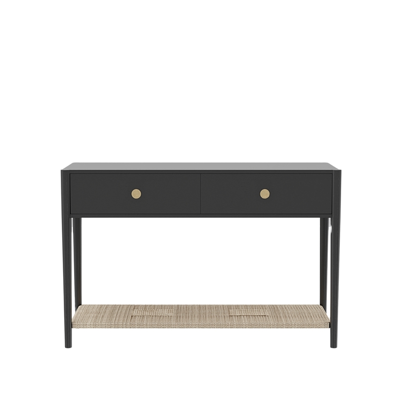 Pemberly Row 2 Drawer Console Table with Woven Shelf in Charcoal Gray