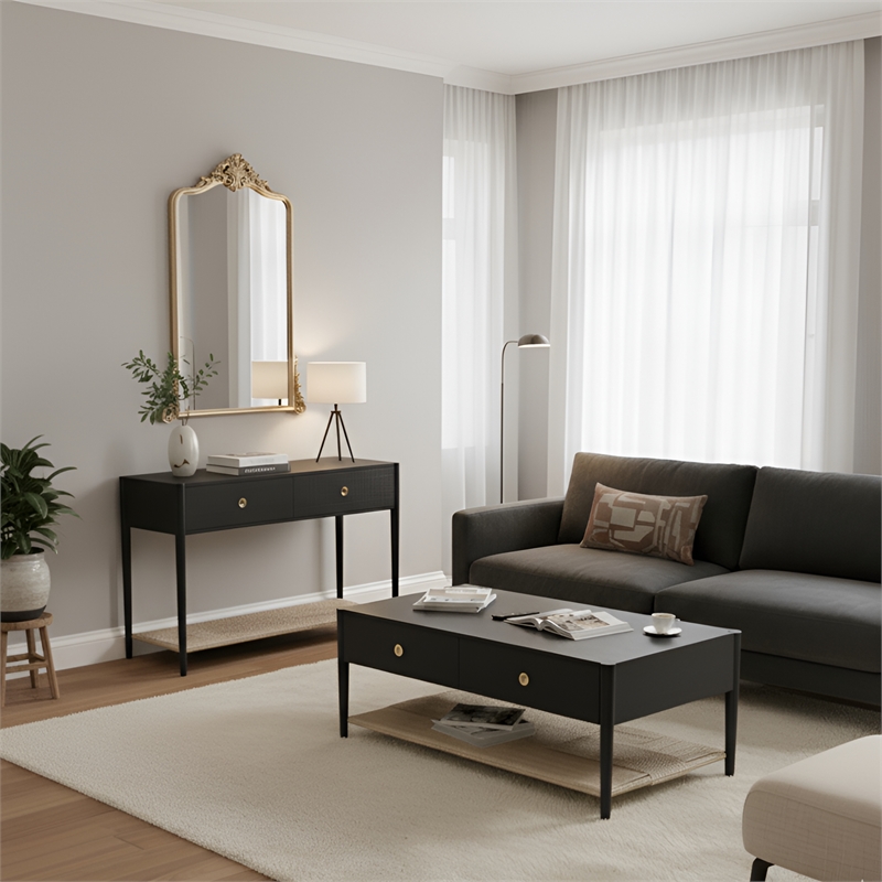 Pemberly Row 2 Drawer Console Table with Woven Shelf in Charcoal Gray