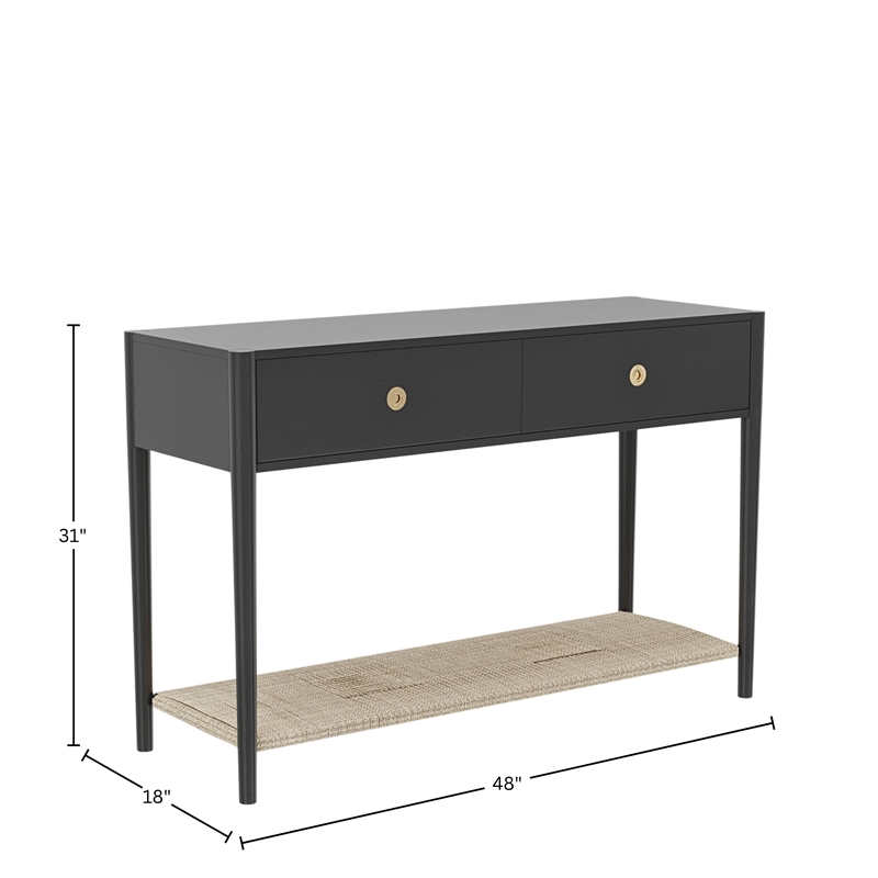 Pemberly Row 2 Drawer Console Table with Woven Shelf in Charcoal Gray