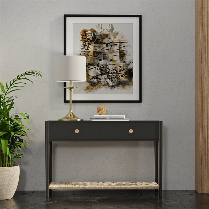 Pemberly Row 2 Drawer Console Table with Woven Shelf in Charcoal Gray