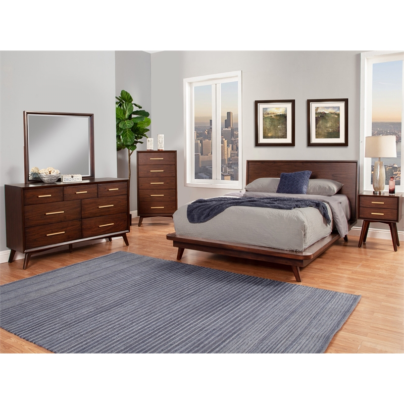 Pemberly Row Mid Century 5 Drawer Wood Bedroom Chest in Walnut (Brown)