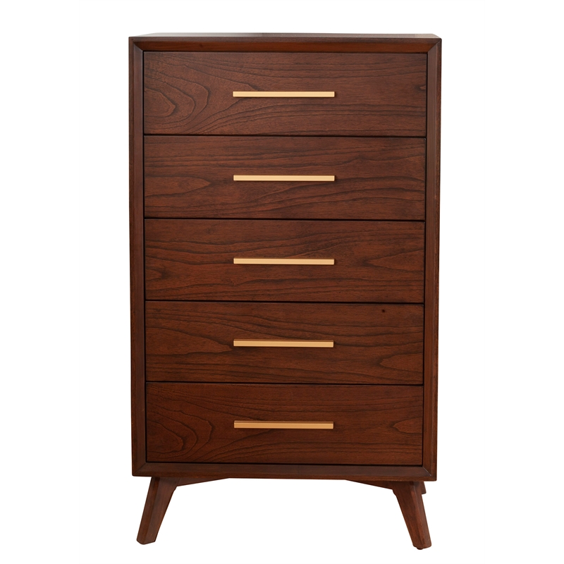 Pemberly Row Mid Century 5 Drawer Wood Bedroom Chest in Walnut (Brown)