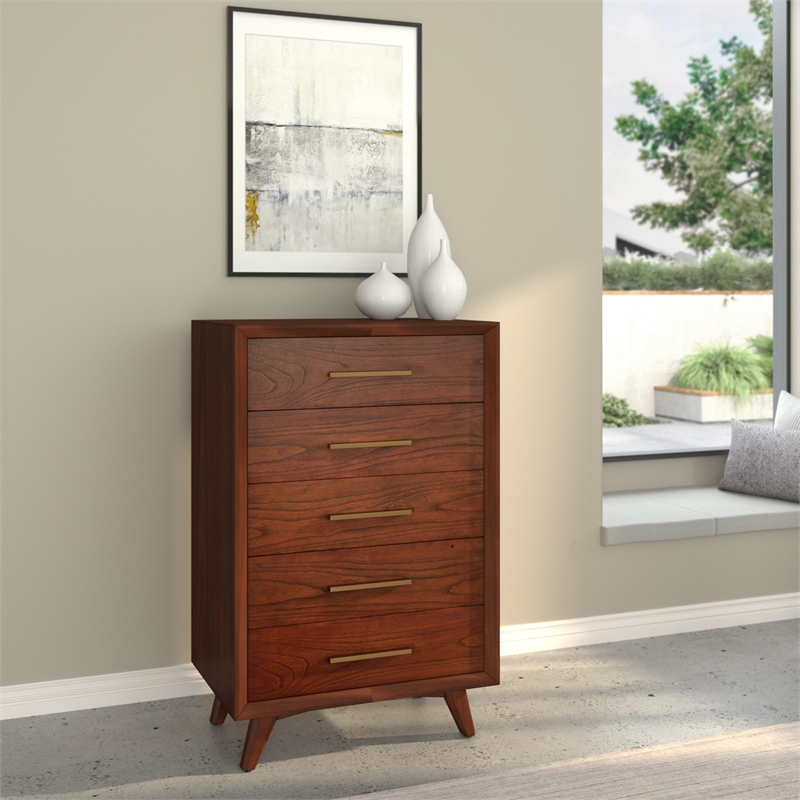 Pemberly Row Mid Century 5 Drawer Wood Bedroom Chest in Walnut (Brown)