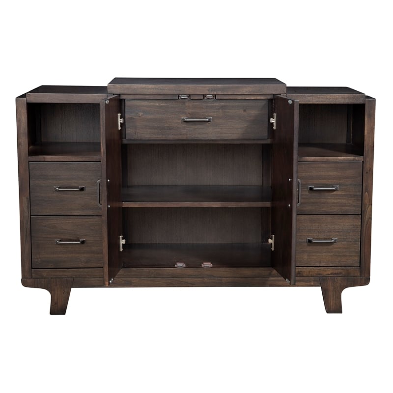 Pemberly Row Wood Dining Server with 2 Cabinets in Chocolate Brown