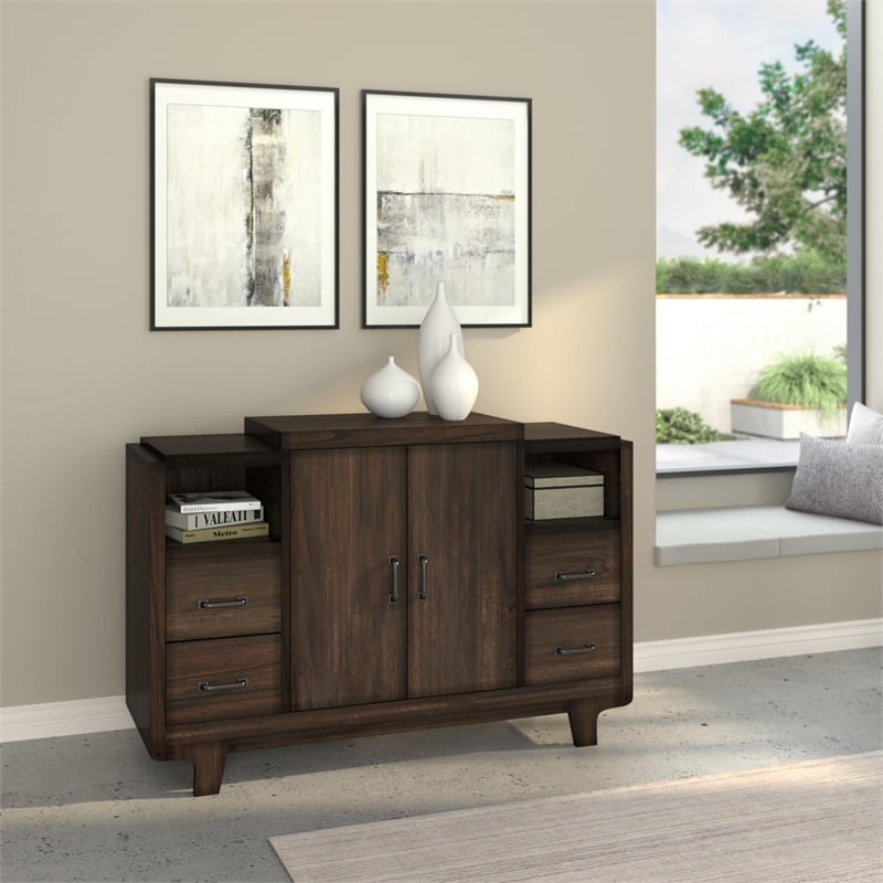 Pemberly Row Wood Dining Server with 2 Cabinets in Chocolate Brown