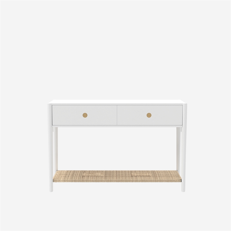 Pemberly Row 2 Drawer Console Table with Woven Shelf in Coconut Milk White