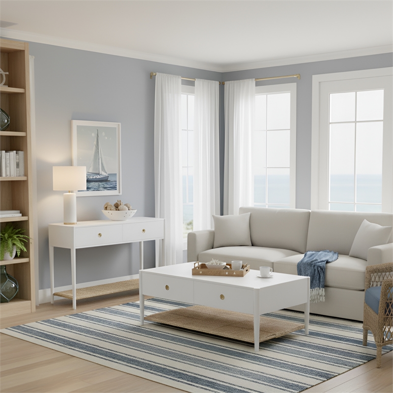 Pemberly Row 2 Drawer Console Table with Woven Shelf in Coconut Milk White