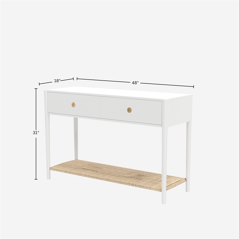 Pemberly Row 2 Drawer Console Table with Woven Shelf in Coconut Milk White
