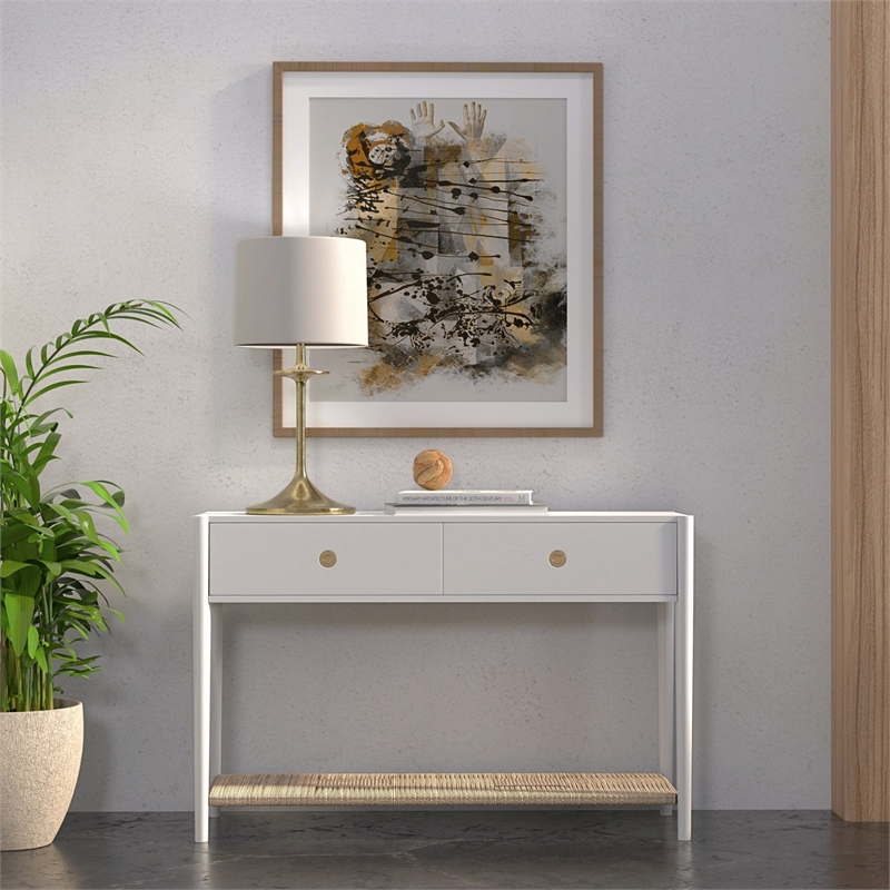 Pemberly Row 2 Drawer Console Table with Woven Shelf in Coconut Milk White