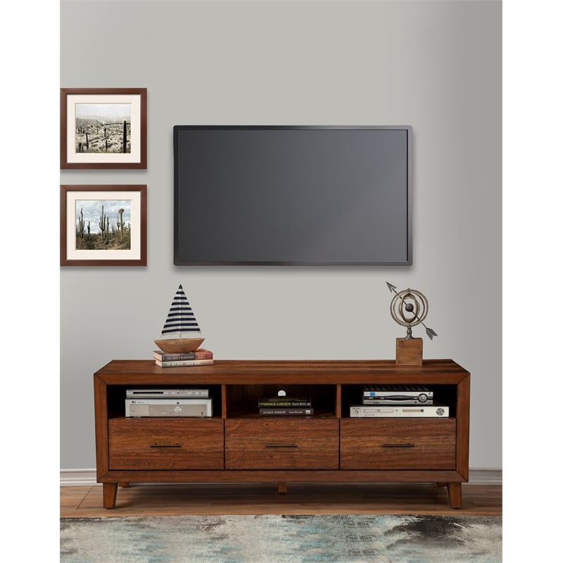 Pemberly Row Wood 3 Drawer TV Media Console in Toffee (Brown)