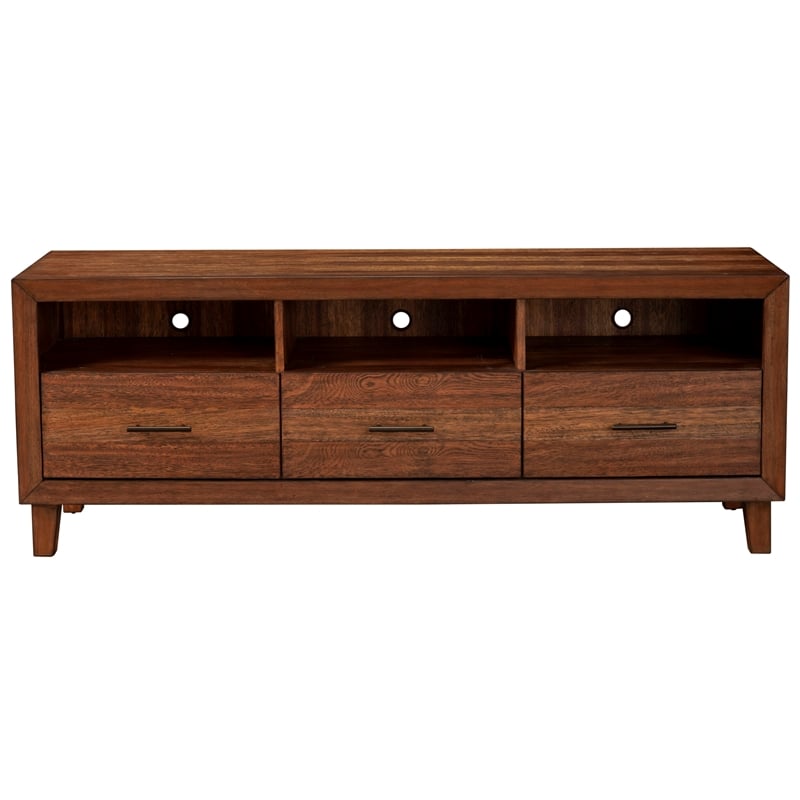 Pemberly Row Wood 3 Drawer TV Media Console in Toffee (Brown)