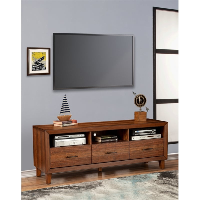 Pemberly Row Wood 3 Drawer TV Media Console in Toffee (Brown)