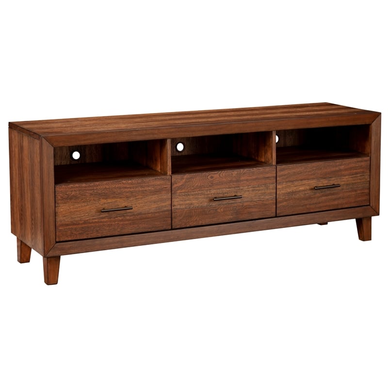 Pemberly Row Wood 3 Drawer TV Media Console in Toffee (Brown)