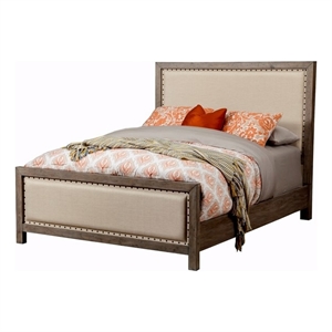 Pemberly Row Queen Size Upholstered Wood Panel Bed in Natural Gray
