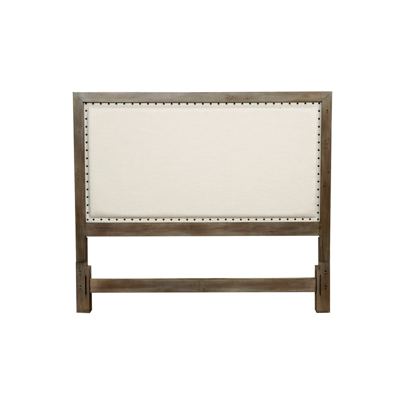 Pemberly Row Queen Size Upholstered Wood Panel Bed in Natural Gray