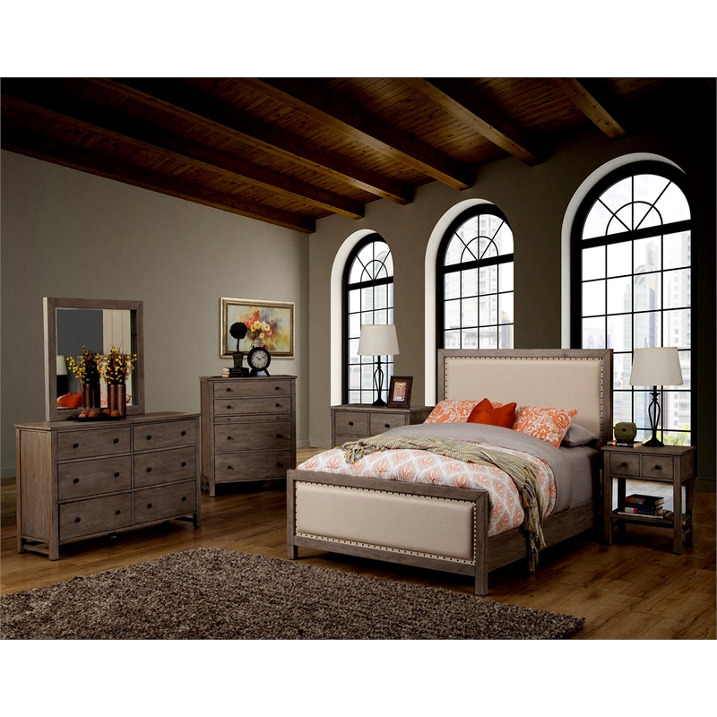 Pemberly Row California King Upholstered Wood Panel Bed in Natural Gray