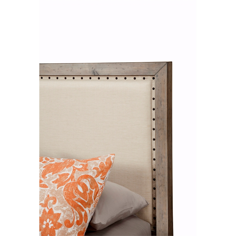 Pemberly Row California King Upholstered Wood Panel Bed in Natural Gray