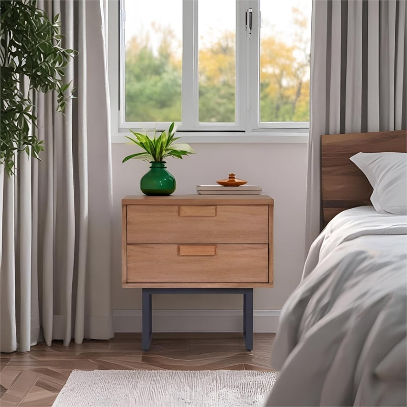 Pemberly Row Mahogany Wood 2 Drawer Nightstand with Metal Legs in Chestnut