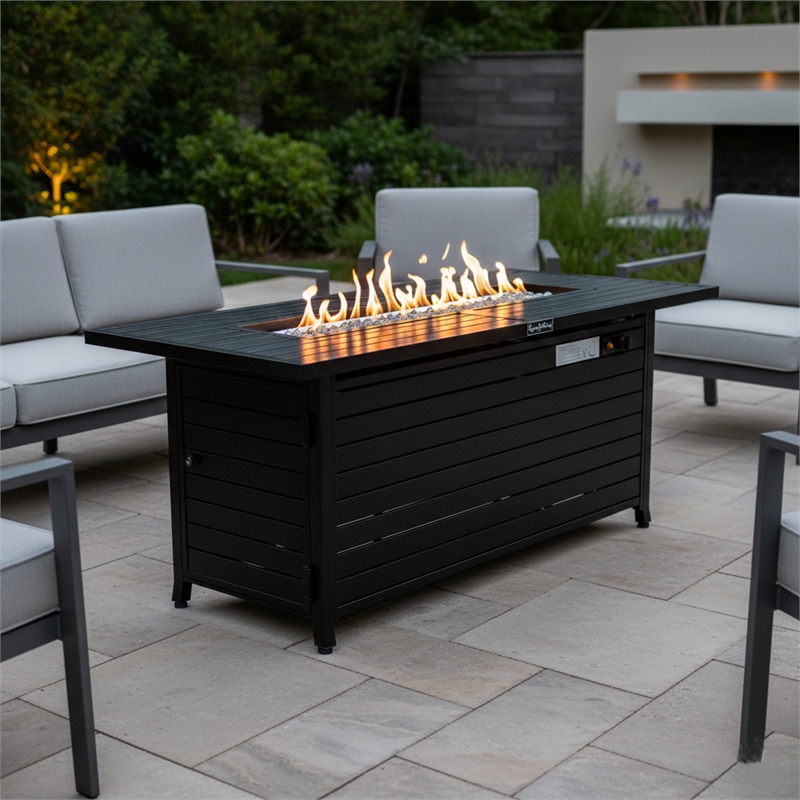 Pemberly Row Rectangular 2-in-1 Fire Pit Table in Hammered Black