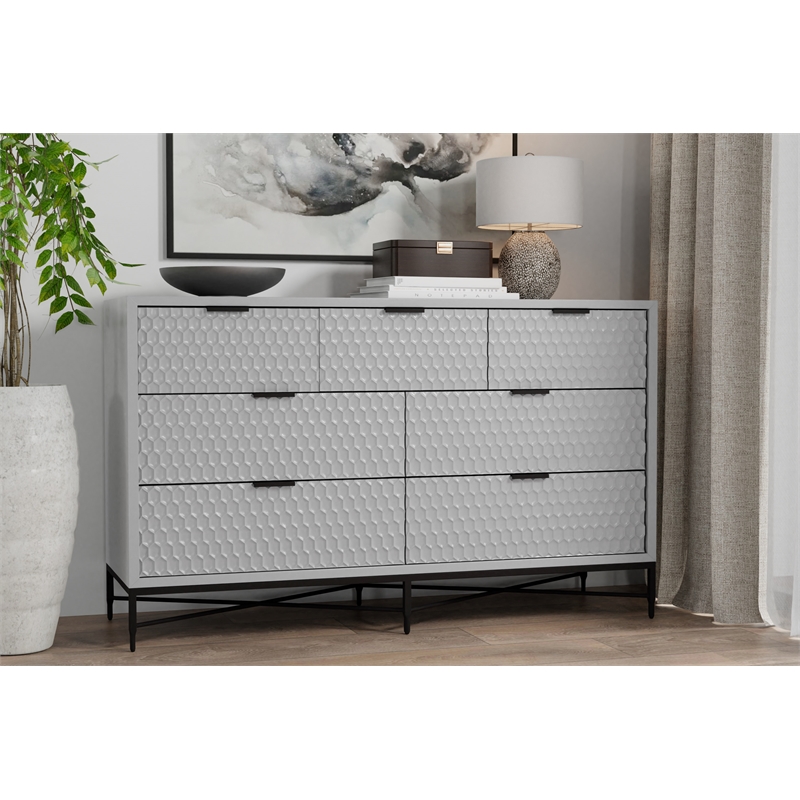 Pemberly Row Mahogany 7 Drawer Bedroom Dresser in Light Slate Grey