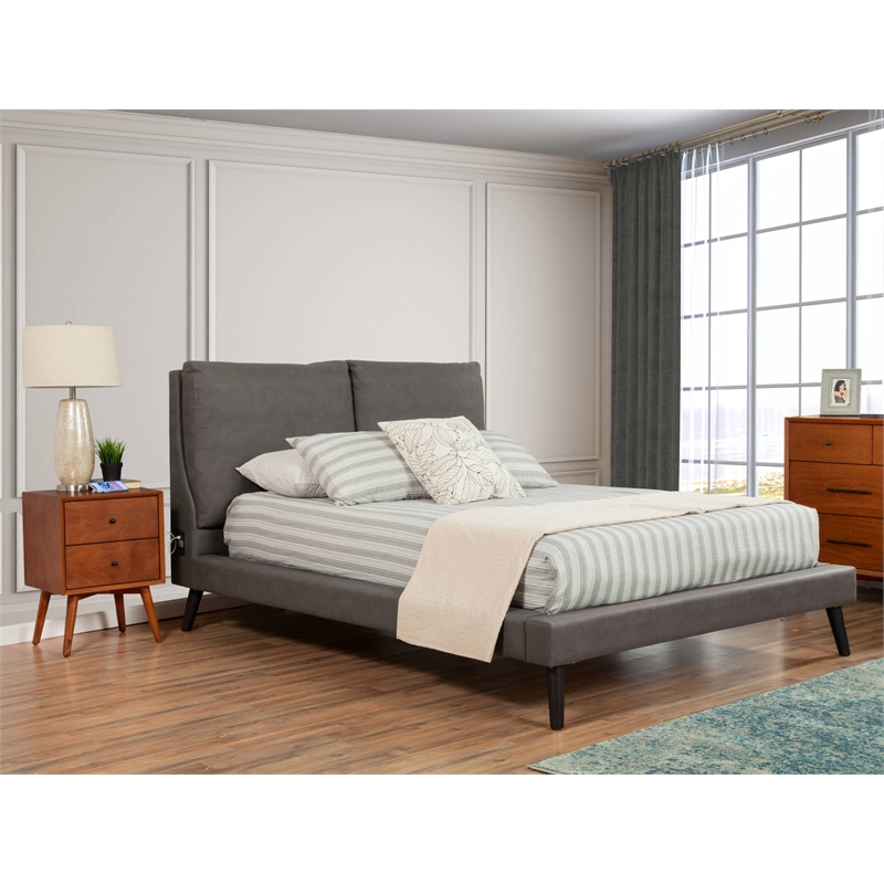 Pemberly Row Queen Upholstered Platform Bed with USB Ports in Gray
