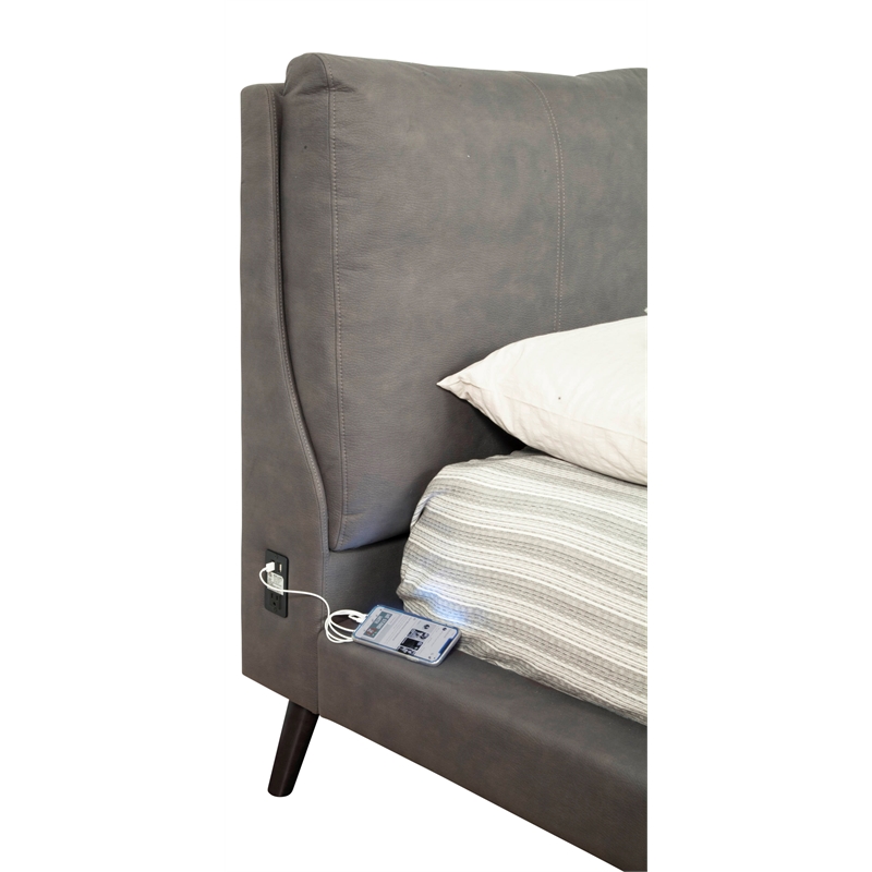 Pemberly Row Queen Upholstered Platform Bed with USB Ports in Gray