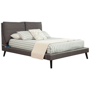 Pemberly Row Queen Upholstered Platform Bed with USB Ports in Gray